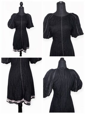 En Saison Black Puff Sleeve Mini Dress Contrast Stitch Cottagecore M